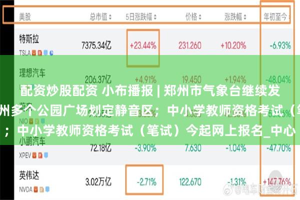 配资炒股配资 小布播报 | 郑州市气象台继续发布高温橙色预警信号；郑州多个公园广场划定静音区；中小学教师资格考试（笔试）今起网上报名_中心
